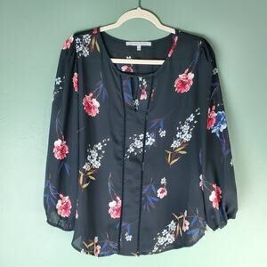 Collective Concepts Womens Black Floral Warner Lattice Detail Blouse Size Large